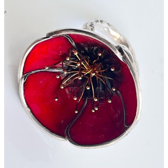 Red Poppy Flower RING & EARRINGS Set 925 Sterling Silver Adjustable Size - Picture 9 of 14